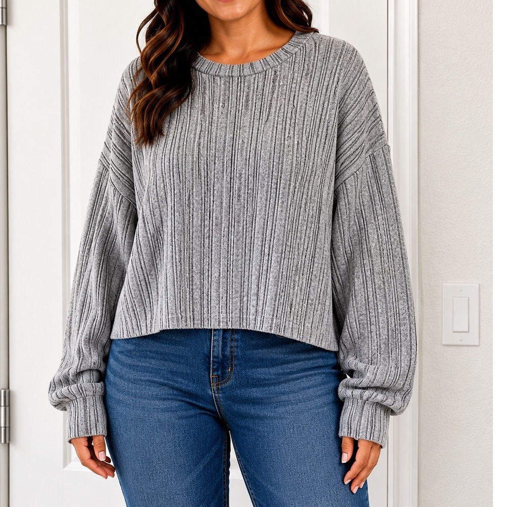 Shein Curve Women 2XL Grey Ribbed Knit Long Sleeve‎ Crew Neck Boxy Sweater Top